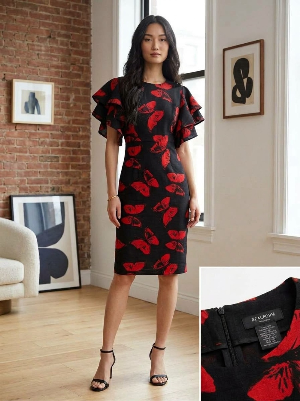 Linen Blend Black Midi Dress with Red Butterfly Print Ruffle Sleeves Size 14